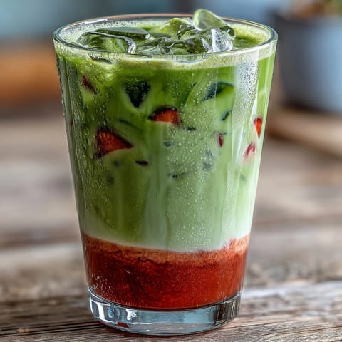 Vibrant dairy-free strawberry matcha iced latte with creamy coconut milk and fresh strawberry purée, perfect for warm days.  