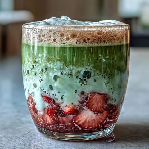 Vibrant strawberry matcha latte with creamy oat milk foam and fresh strawberry puree.  