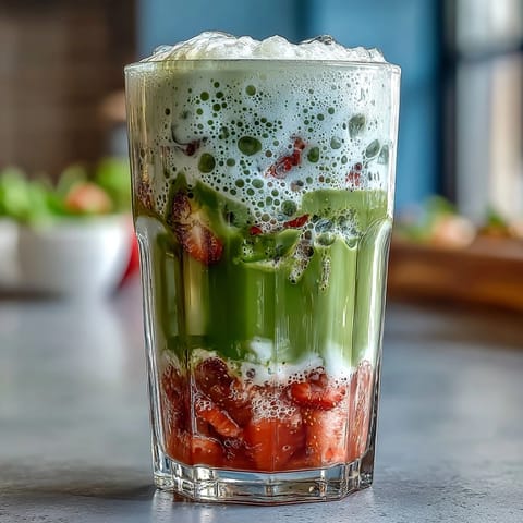 Layered strawberry matcha latte featuring earthy matcha, sweet strawberries, and frothy oat milk.  