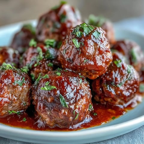 Savory beef meatballs simmered in herb-infused tomato sauce, perfect for a comforting main dish or crowd-pleasing appetizer.  