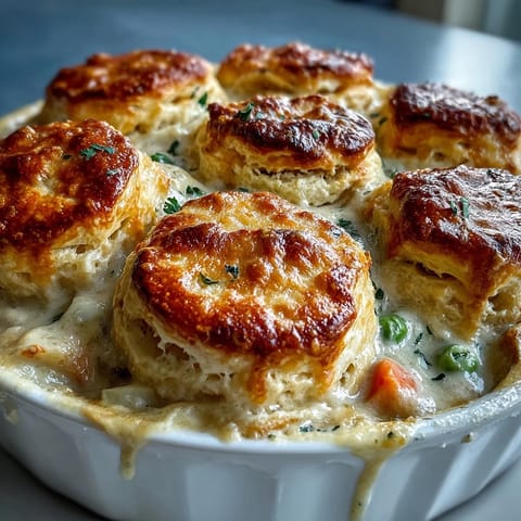 Creamy Chicken Pot Pie with Biscuit Topping: golden biscuit crust over tender chicken and vegetables in a rich, creamy sauce, baked until bubbly and golden.