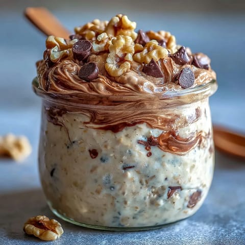 Protein cookie dough overnight oats in a jar, topped with chocolate chips and a swirl of almond butter for a hearty breakfast.