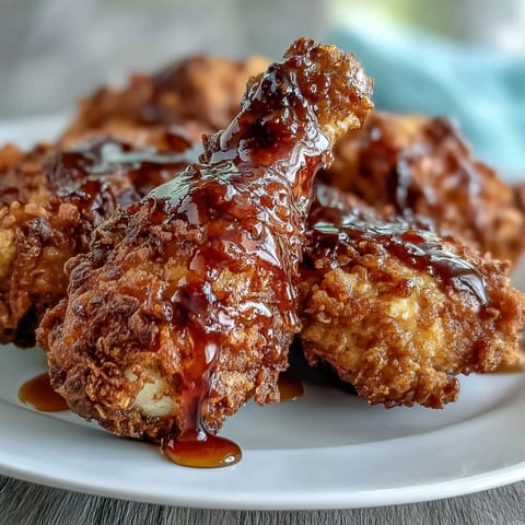 Crispy oven-baked chicken glazed with hot honey, golden and juicy, served on a rustic wooden board.
