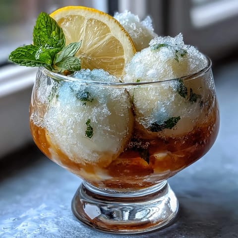 Limoncello Sorbet Floats with Sparkling Lemon Water: Creamy lemon sorbet topped with limoncello and effervescent lemon water, garnished with fresh mint.