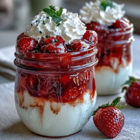 Fresh strawberry shortcake mason jar parfaits with fluffy shortcake cubes, juicy berries, and whipped cream.