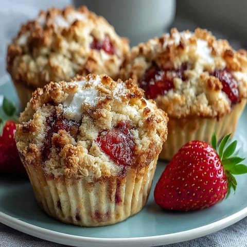 Wholesome strawberry muffins with Greek yogurt and oats, topped with fresh berries and golden oats.