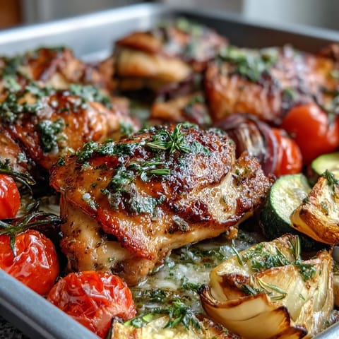 Easy spring dinner recipe featuring tender chicken, colorful zucchini, and juicy cherry tomatoes on a single baking sheet.  