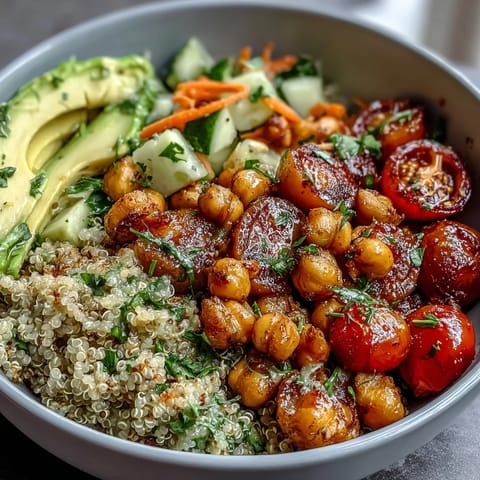 Fresh lemon vinaigrette grain bowls with roasted chickpeas, colorful vegetables, and fluffy quinoa for a healthy, vibrant meal.  
