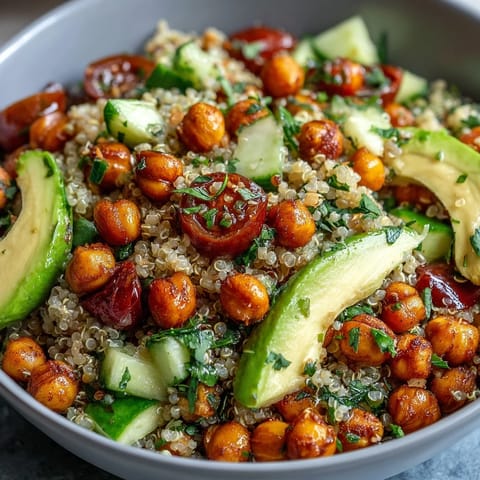 Zesty lemon vinaigrette drizzled over roasted chickpeas and fresh veggies on a bed of warm, nutty quinoa.  