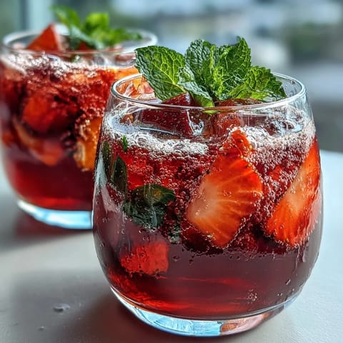 Refreshing strawberry lemon sparkling mocktail with fresh berries and mint garnish in tall glasses.