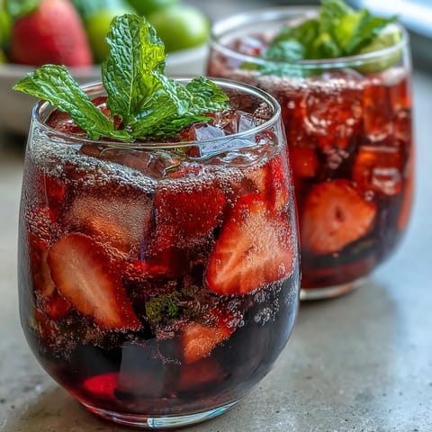 Vibrant non-alcoholic drink with sliced strawberries, lemon wedges, and sparkling water for a festive touch.