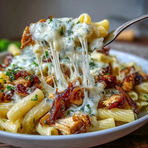 Creamy One-Pot French Onion Chicken Pasta with caramelized onions and melted Gruyère cheese in a savory broth.