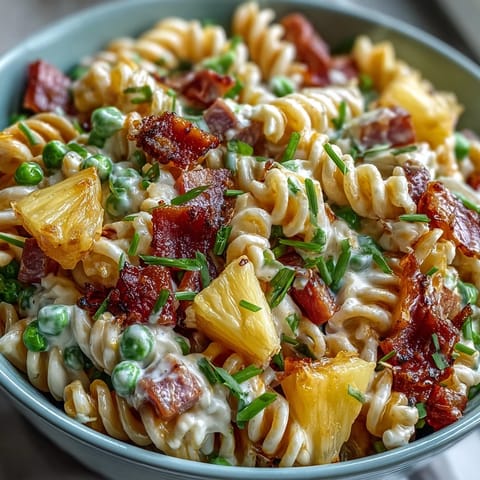 Creamy ranch-coated Hawaiian pasta salad featuring ham, sweet pineapple, and crisp vegetables, ideal for picnics and potlucks.