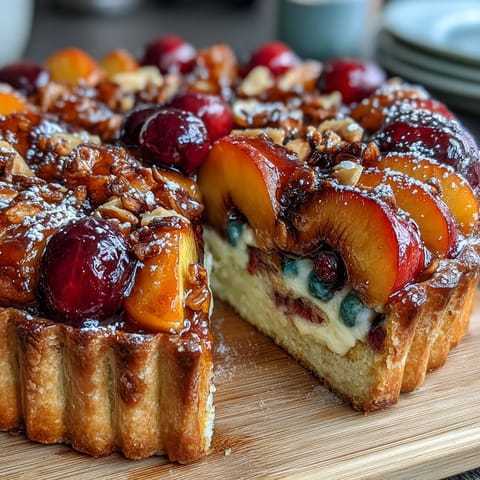 Rustic summer stone fruit galette with frangipane filling, golden crust encasing juicy peaches and plums, perfect for warm-weather gatherings.