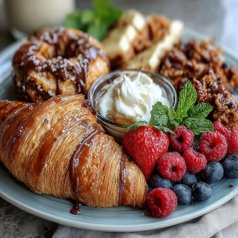 Elegant Mothers Day brunch board with flaky pastries, fresh berries, and mimosas for a festive morning celebration.