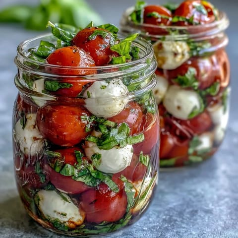 Freshly layered Mason Jar Caprese Salad with cherry tomatoes, mozzarella, and basil in a portable glass jar.