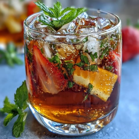 Vibrant non-alcoholic sangria featuring white grape and citrus fruits, garnished with strawberries and mint for a festive spring drink.