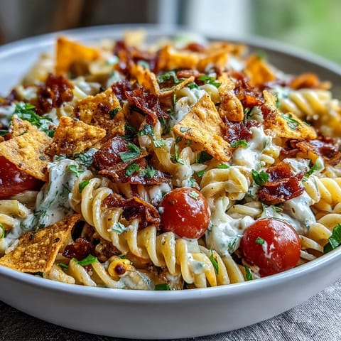 Taco Pasta Salad with Doritos and Avocado Ranch, a colorful Tex-Mex dish with crunchy chips and creamy dressing.  