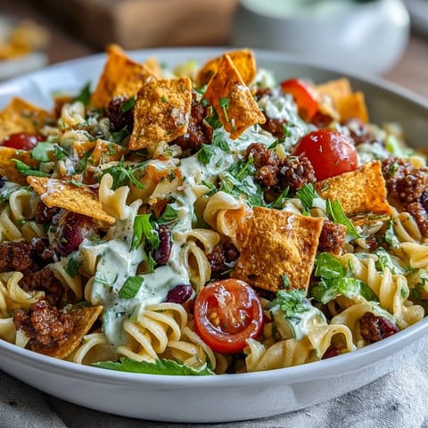 Vibrant Taco Pasta Salad featuring Doritos, avocado ranch, and fresh veggies, perfect for summer gatherings.  