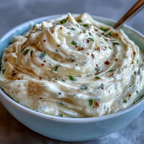A bowl of creamy garlic aioli with fresh herbs and lemon zest, perfect for dipping crispy fries or grilled vegetables.