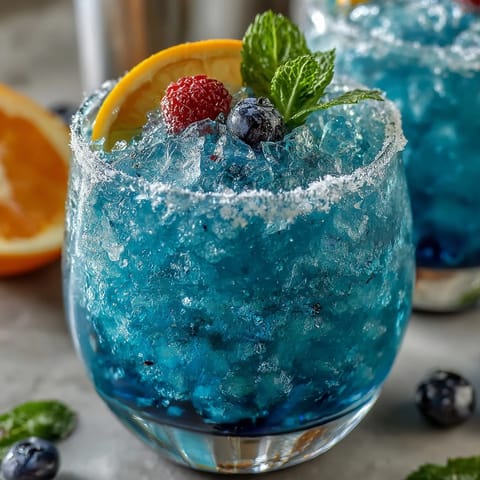 Vibrant blue raspberry lemonade slushie with crushed ice and lemon slices, perfect for summer refreshment.