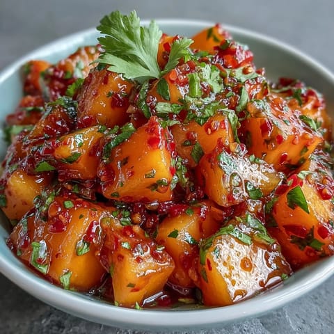 Bright mango habanero salsa with juicy tropical fruit and fiery habanero heat, perfect for scooping with crispy tortilla chips.