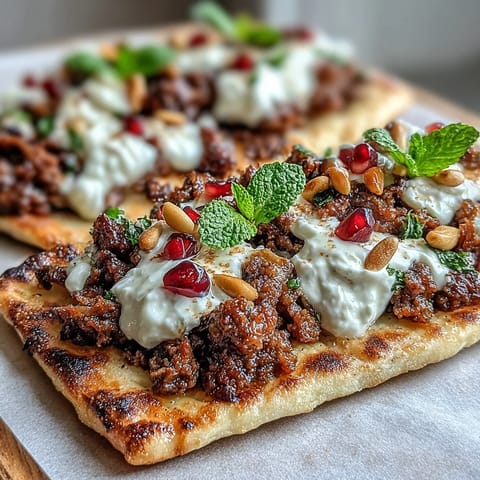 Warm spiced lamb spread over crisp flatbread, finished with dollops of tangy yogurt and bursts of juicy pomegranate in every bite.  