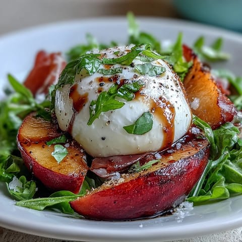 A vibrant summer salad featuring ripe peach slices, burrata cheese, and prosciutto over arugula, finished with olive oil and balsamic.