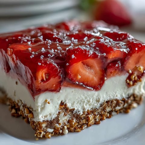 Vibrant Memorial Day Strawberry Pretzel Salad with creamy cheesecake and fresh berries in ruby gelatin.