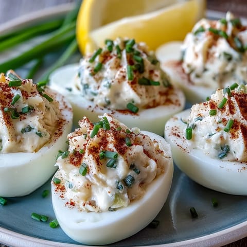 Bite-sized deviled eggs stuffed with lump crab meat, lemon, and Dijon, dusted with Old Bay for a flavorful seafood appetizer.  