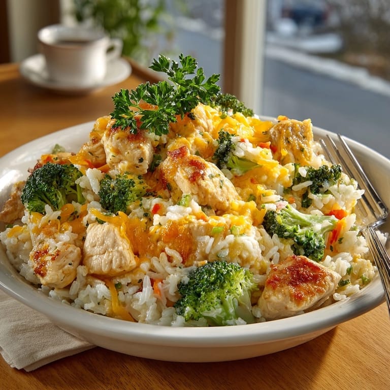 Freshly made Cheesy Chicken and Broccoli Skillet with vibrant broccoli florets, creamy cheese, and tender chicken chunks.