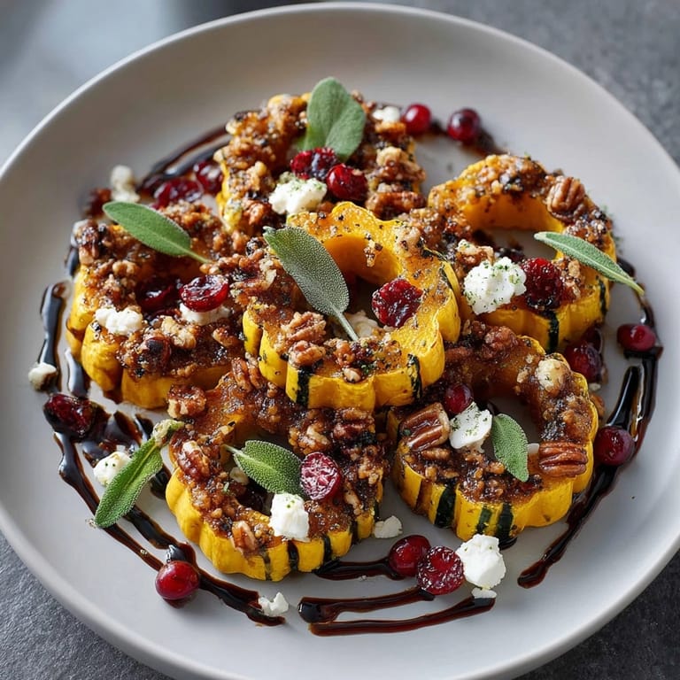 Vibrant roasted delicata squash with cranberries and pecans, finished with tangy goat cheese and seasonal herbs.