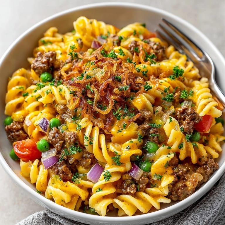 A bubbling skillet of creamy Cozy Cheeseburger Pasta, garnished with a vivid green and crunchy relish mix.