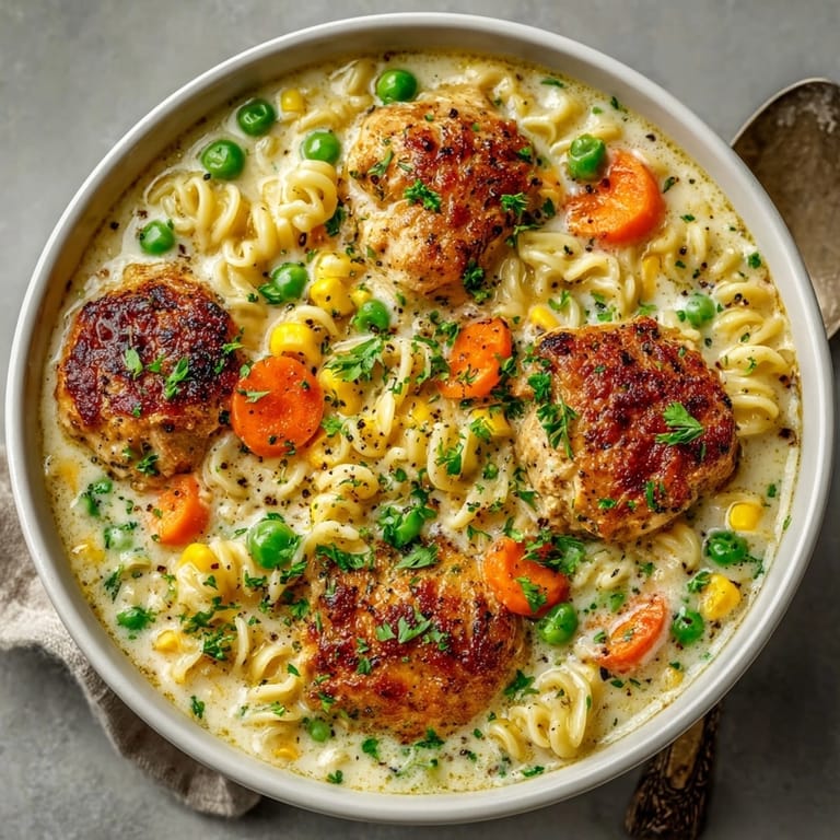 Hot one-pot chicken pot pie ramen: a steamy bowl featuring noodles, chicken, and fresh herbs.