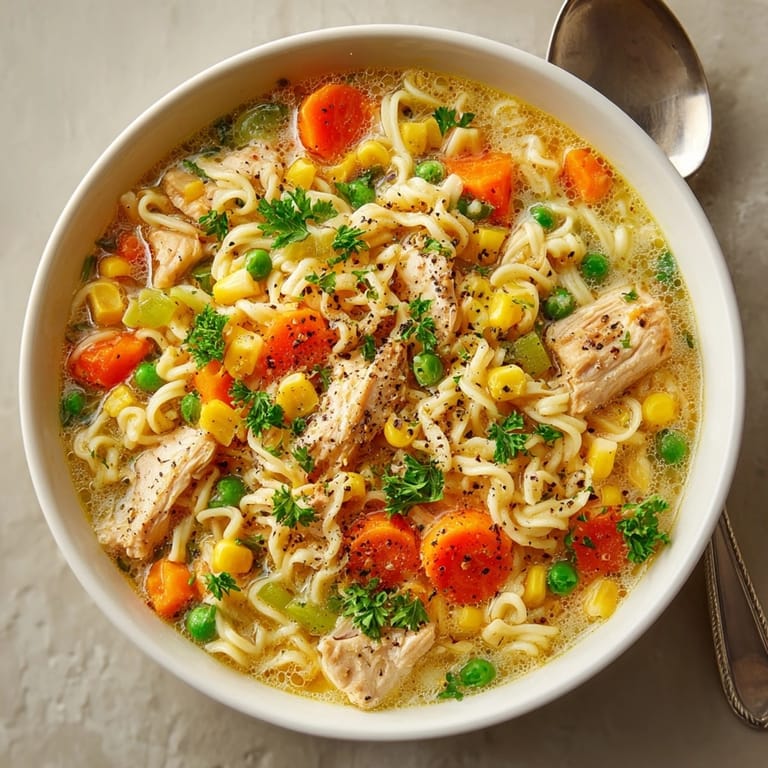 Savory one-pot chicken pot pie ramen, ready to eat, with visible noodles and mixed vegetables.