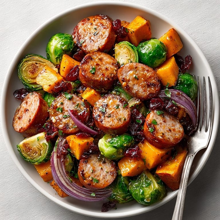 A colorful, close-up view of the cranberry-orange sheet-pan chicken sausage, bursting with flavor and aromas.