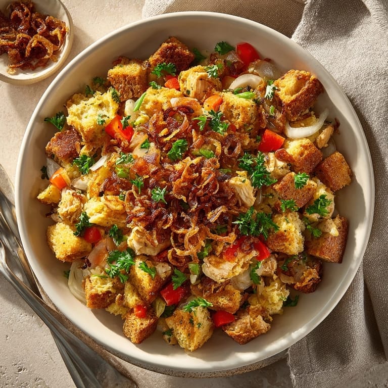 Savory Homestyle Chicken & Stuffing Skillet features chicken and herbs with a crunchy, golden onion topping.