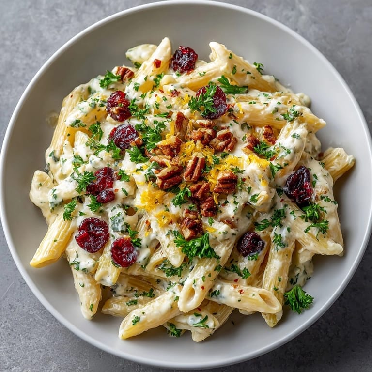 Fresh parsley and pecans garnish this delightful Thanksgiving Cranberry Cream Cheese Pasta recipe.