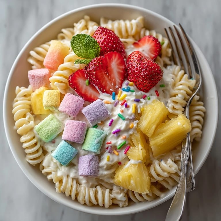 A refreshing bowl of Rebel Float Cotton Candy Pasta Salad, drizzled with creamy dressing and rainbow sprinkles.