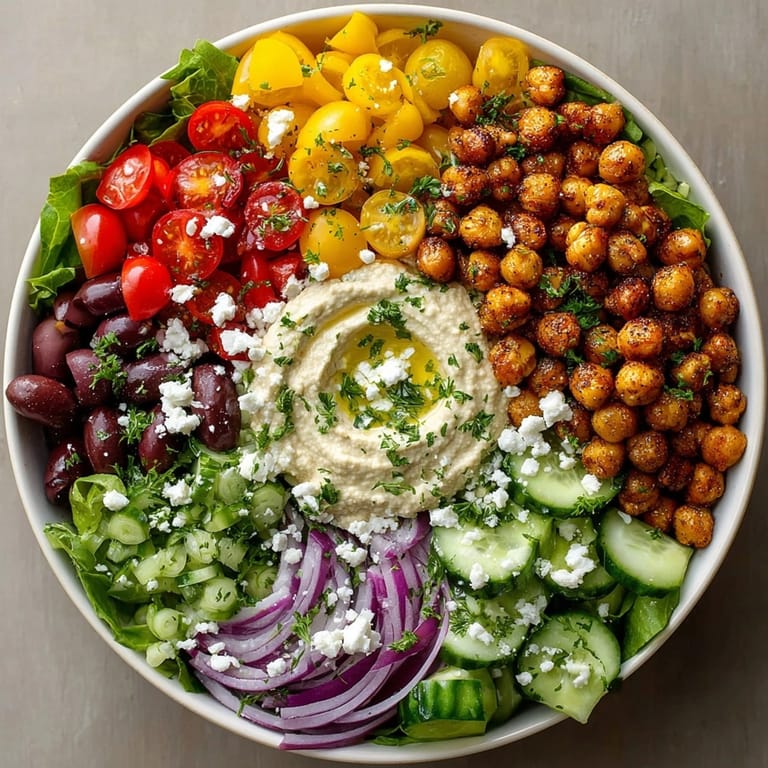 Fresh Mediterranean Chickpea Bowls are overflowing with colorful ingredients and drizzled with a zesty dressing.