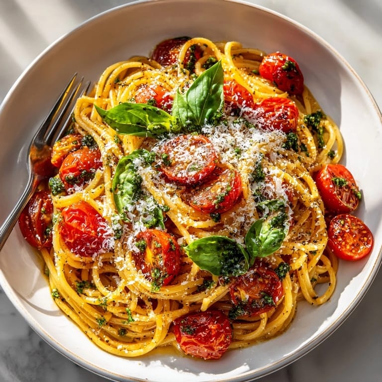 Freshly made Cherry Tomato Burst Pasta with a drizzle of fragrant basil oil, ready to eat.
