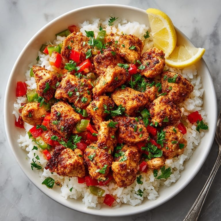 Tender Cajun-spiced chicken and savory rice skillet, steam rising, ready for a comforting dinner.