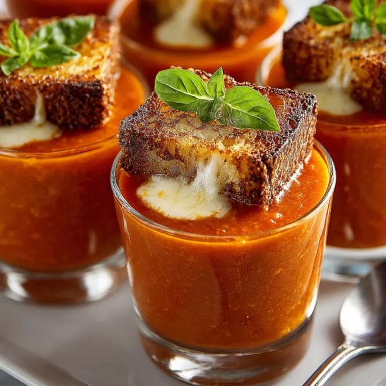 Warm tomato soup shooters paired with crispy grilled cheese bites, perfect for party appetizers.