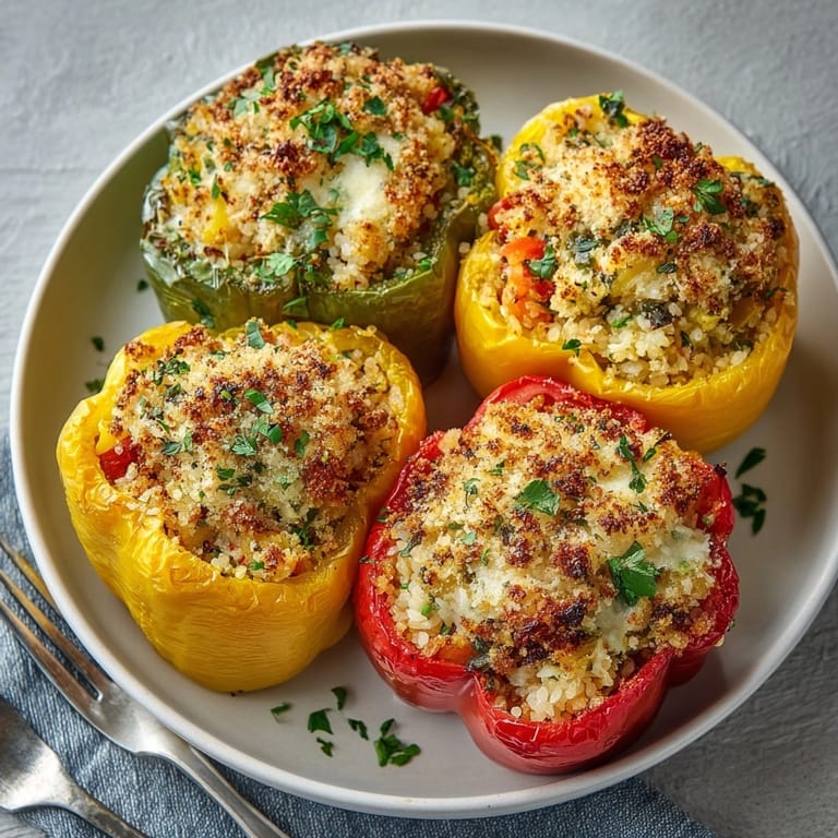 Vibrant shrimp and rice stuffed peppers with tender veggies and melted Parmesan cheese topping.