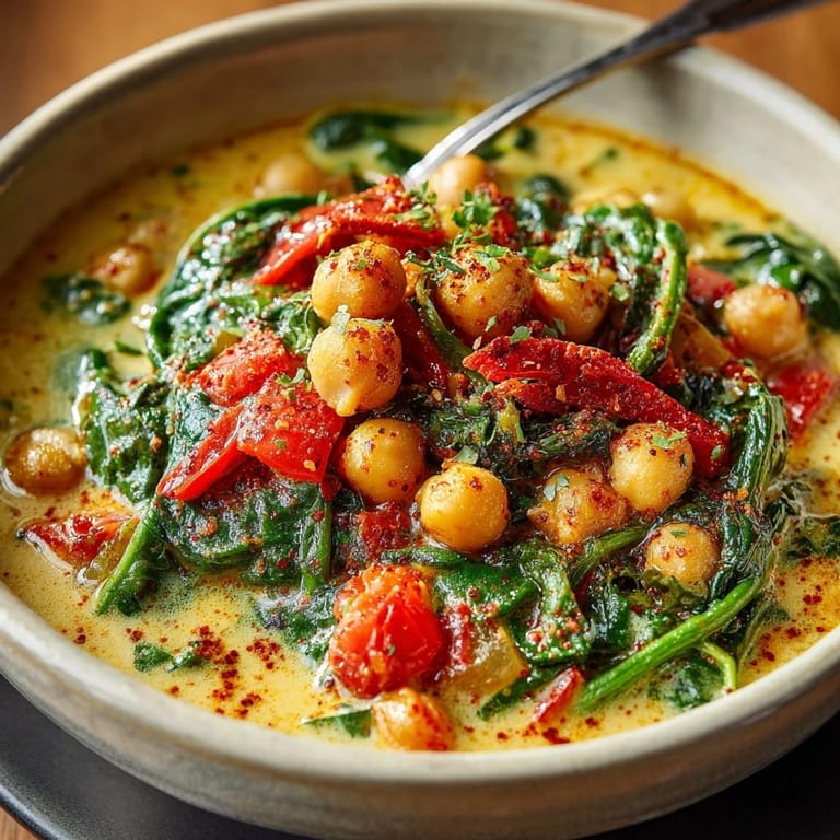 Vibrant chickpea and spinach curry in a bowl, garnished with lemon, ready for dinner.
