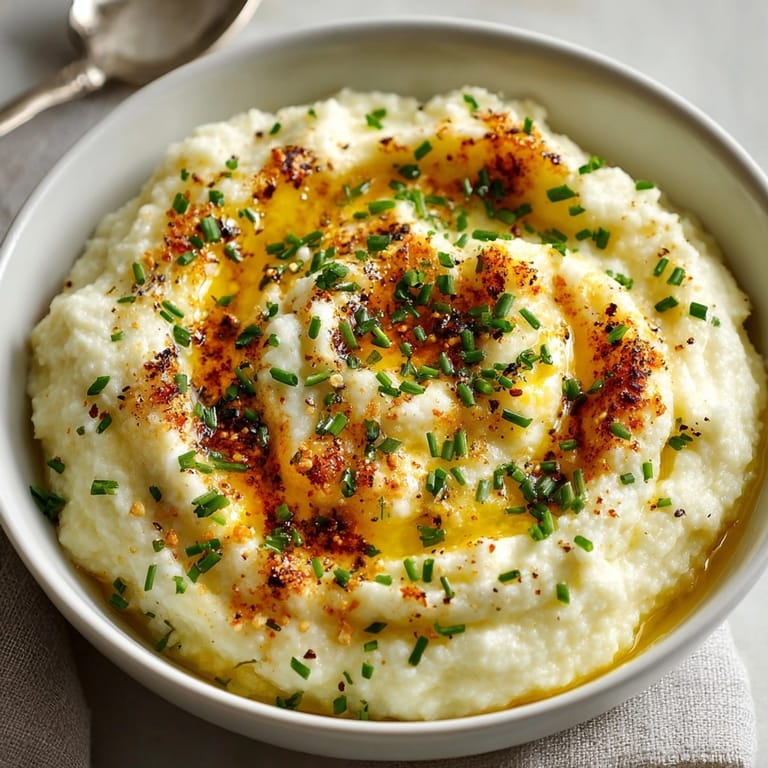 Golden roasted garlic cauliflower mash swirled in a bowl; a delicious, blended keto alternative.