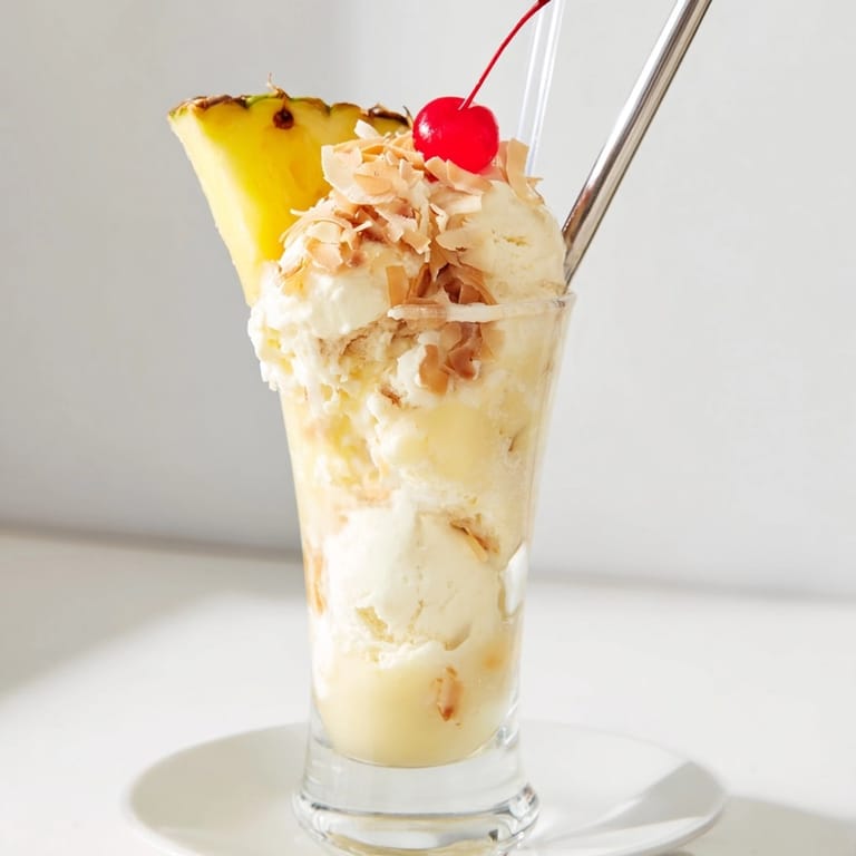 Festive Pina Colada Float with toasted coconut, cherries, and pineapple, a Caribbean-inspired treat.