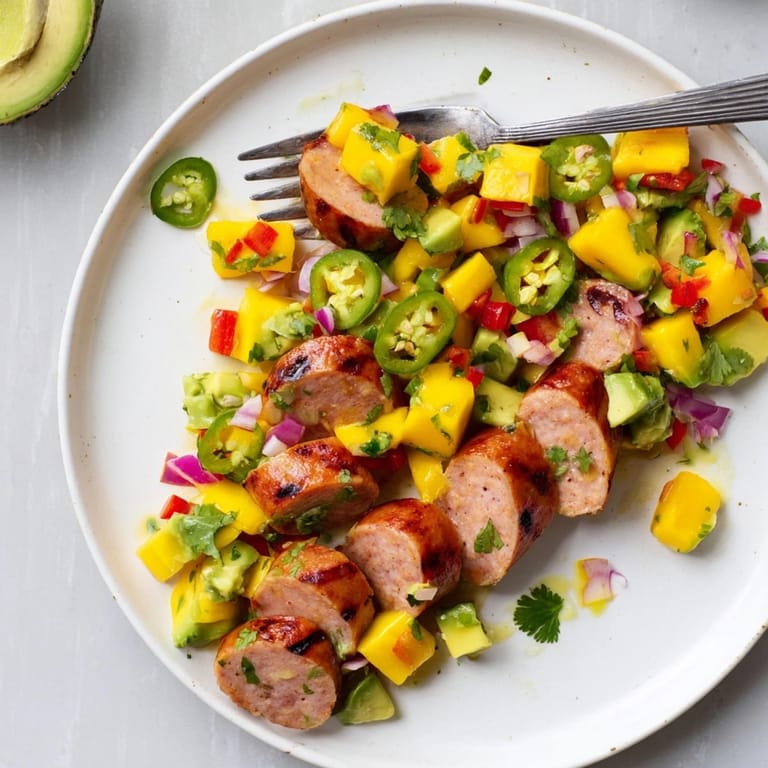 Close-up shot of juicy Mango Avocado Salsa with Chicken Sausage; light and refreshing.