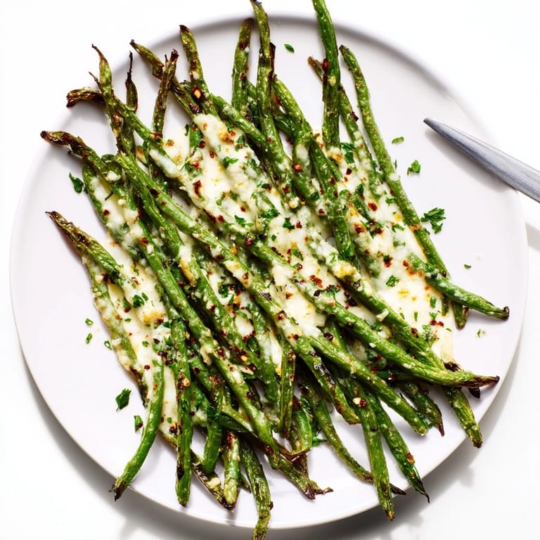 Hot Cheesy Garlic Roasted Green Beans, sprinkled with parsley: the perfect vegetarian side.