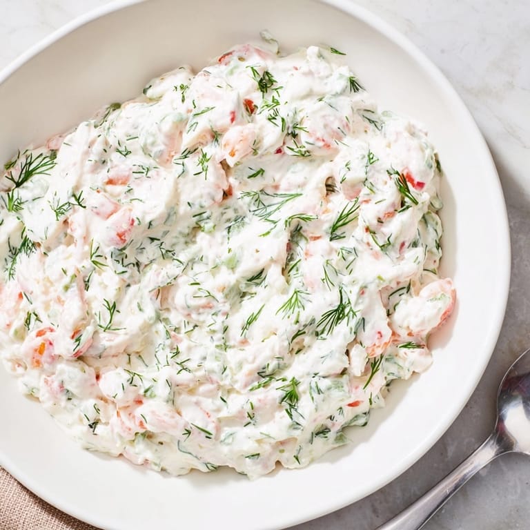 Top-down photo: Chilled Shrimp Dill Yogurt Dip with crackers, a fresh, light appetizer.